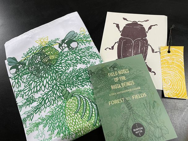 Cloth, book and print of the Field Notes of the Biota Beings: Forest Fields set